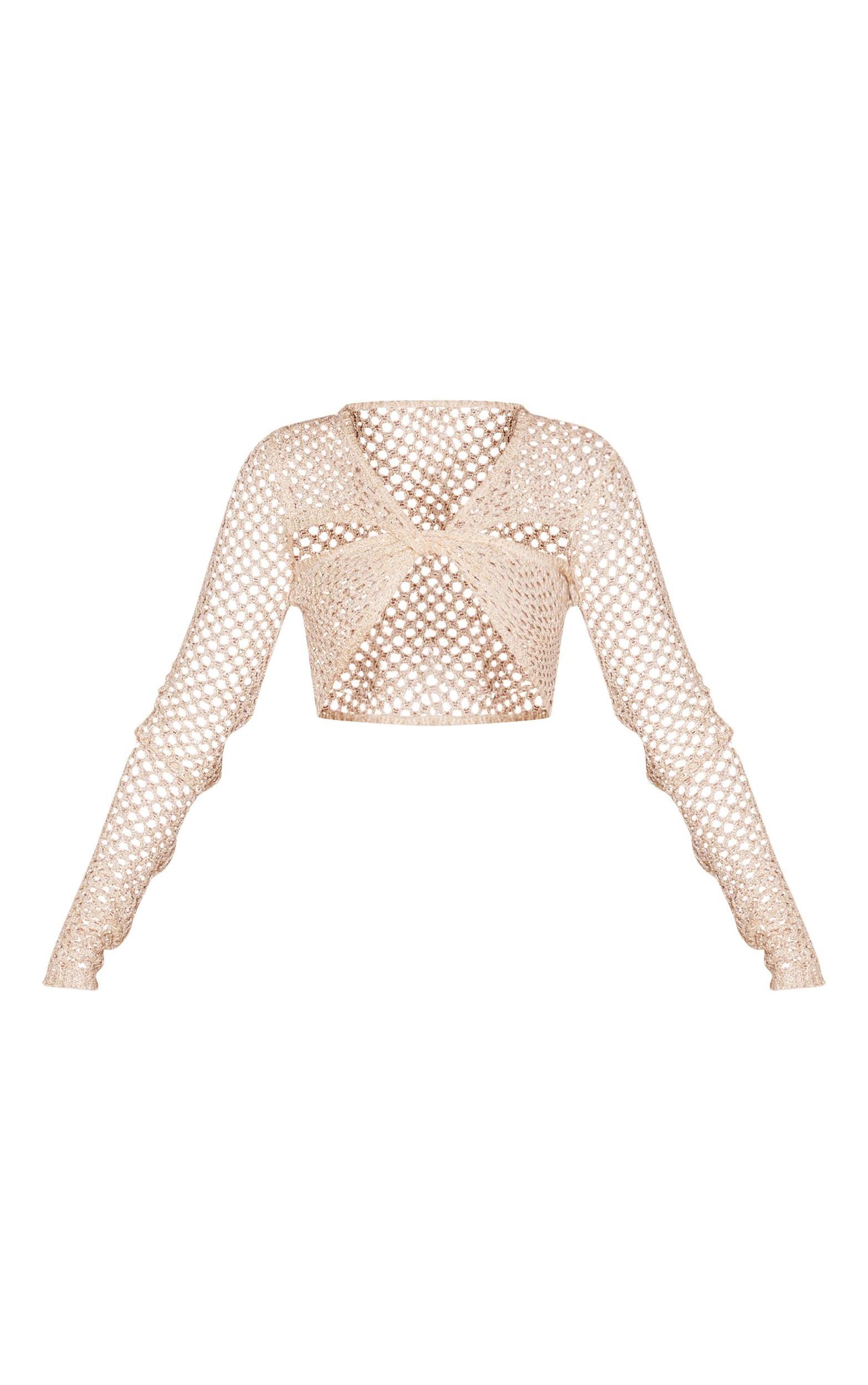 Cream Open Crochet Sequin Knit Crop Top Product Image