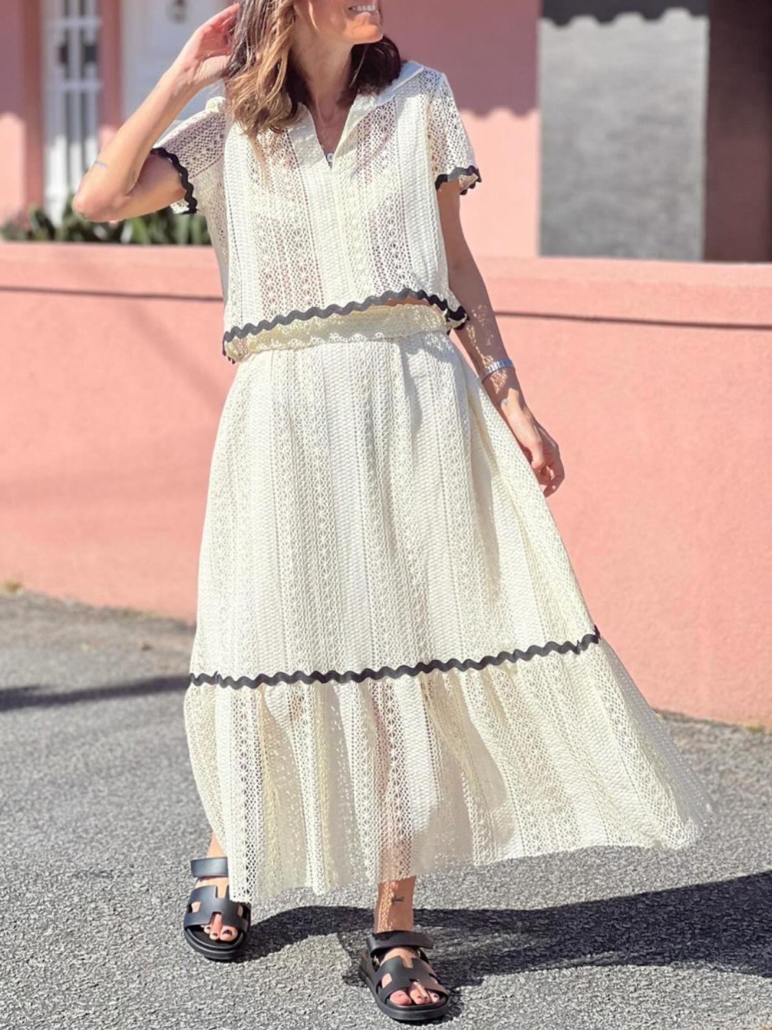 Contrast Trim Openwork Short Sleeve Top and Skirt Set Product Image