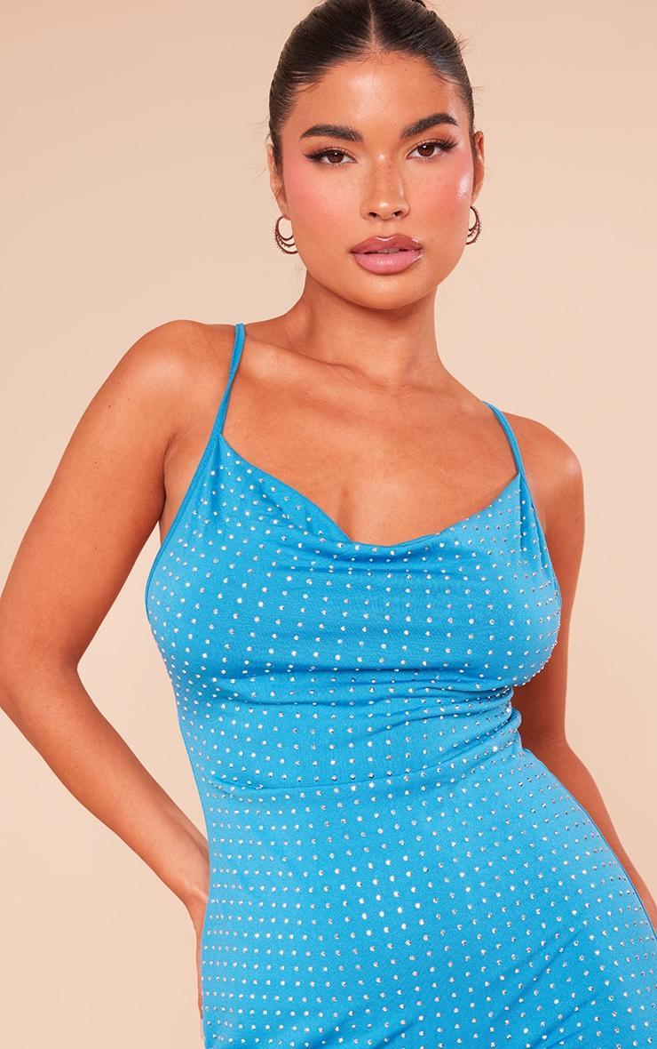 Petite Aqua Blue Cowl Neck Stud Detail Mini Dress Product Image