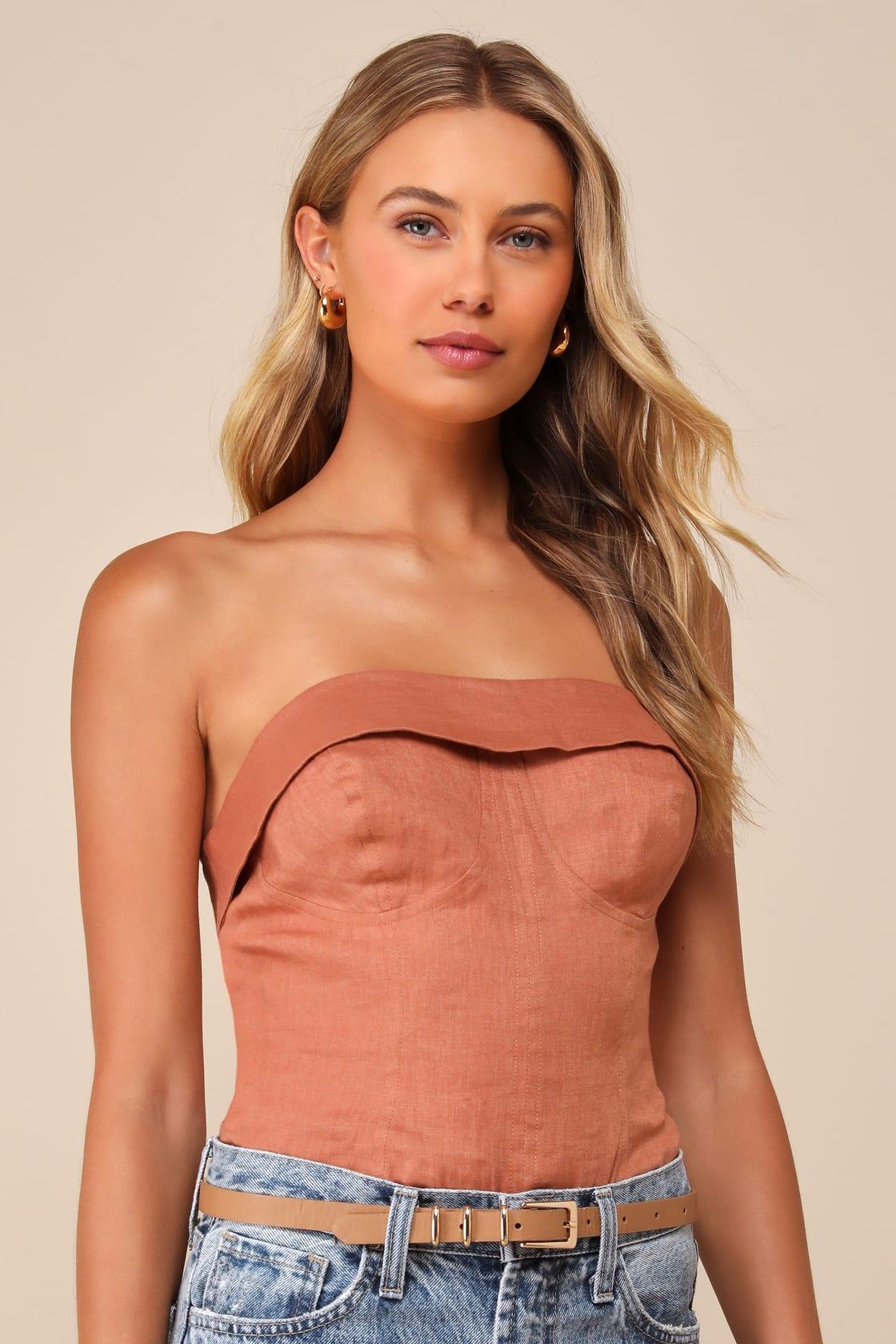Breezy Presence Terracotta Linen Strapless Bustier Bodysuit Product Image
