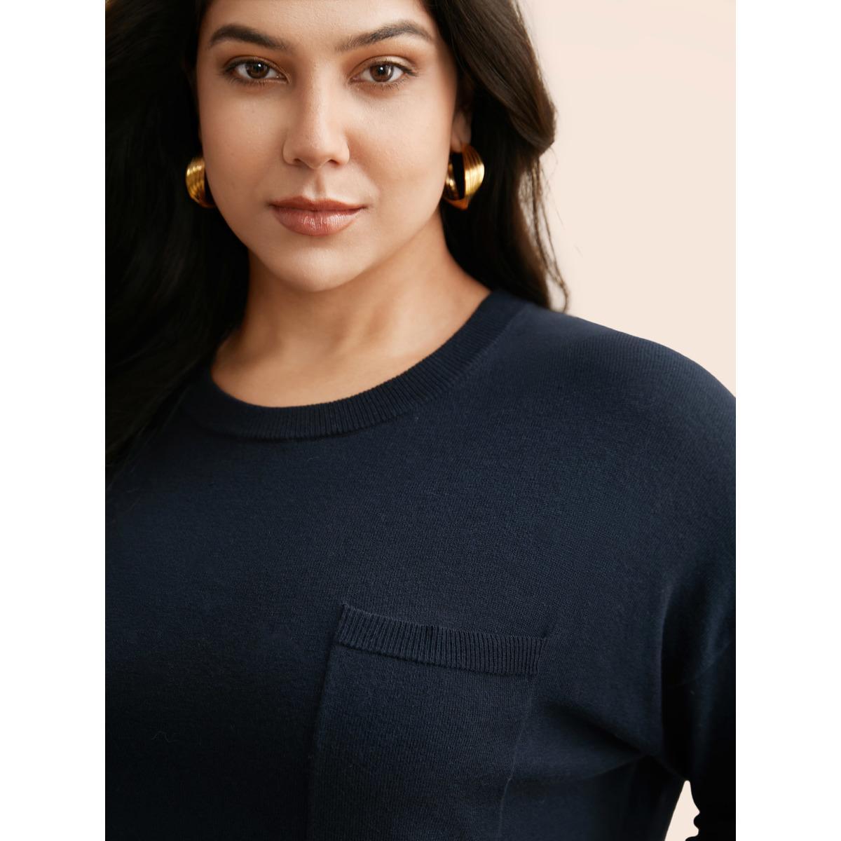 Plus Size Supersoft Chest Pocket Wool Top Indigo Women Casual Loose Long Sleeve Round Neck Everyday Pullovers BloomChic 30/6X Product Image