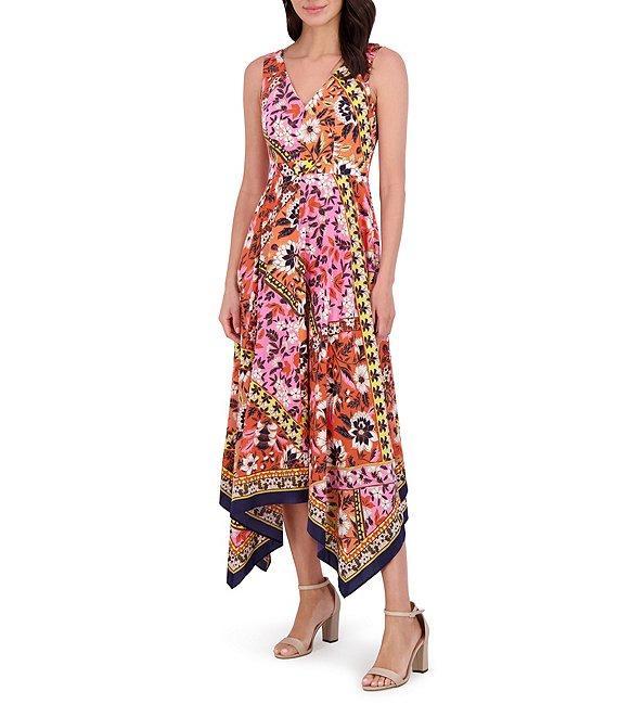 Vince Camuto Woven Floral Print V-Neck Sleeveless Asymmetrical Hi-Low Midi Dress Product Image