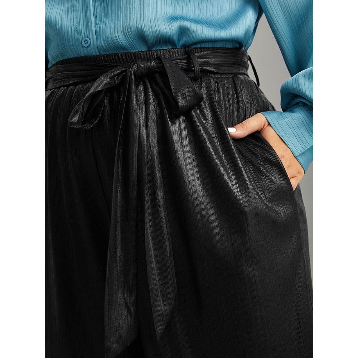 Plus Size Plain Texture Belted High Rise Wide Leg Pants Women Black Glamour Wide Leg High Rise Party Pants BloomChic 30/6X Product Image