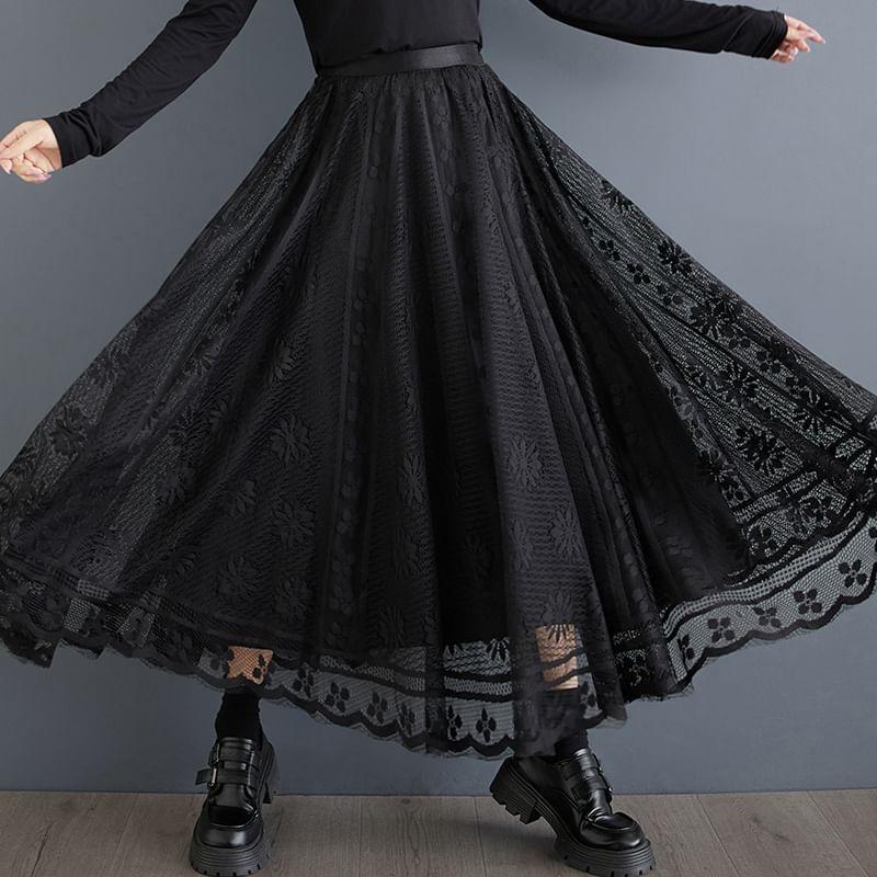 High Rise Lace Maxi A-Line Skirt Product Image