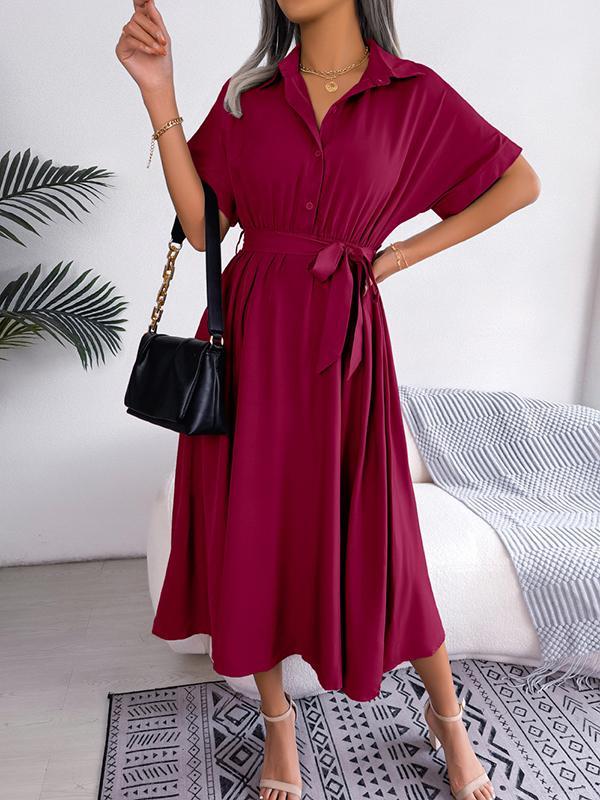 Loose Short Sleeves Solid Color Split-Joint Tied Waist Lapel Midi Dresses Shirt Dress Product Image