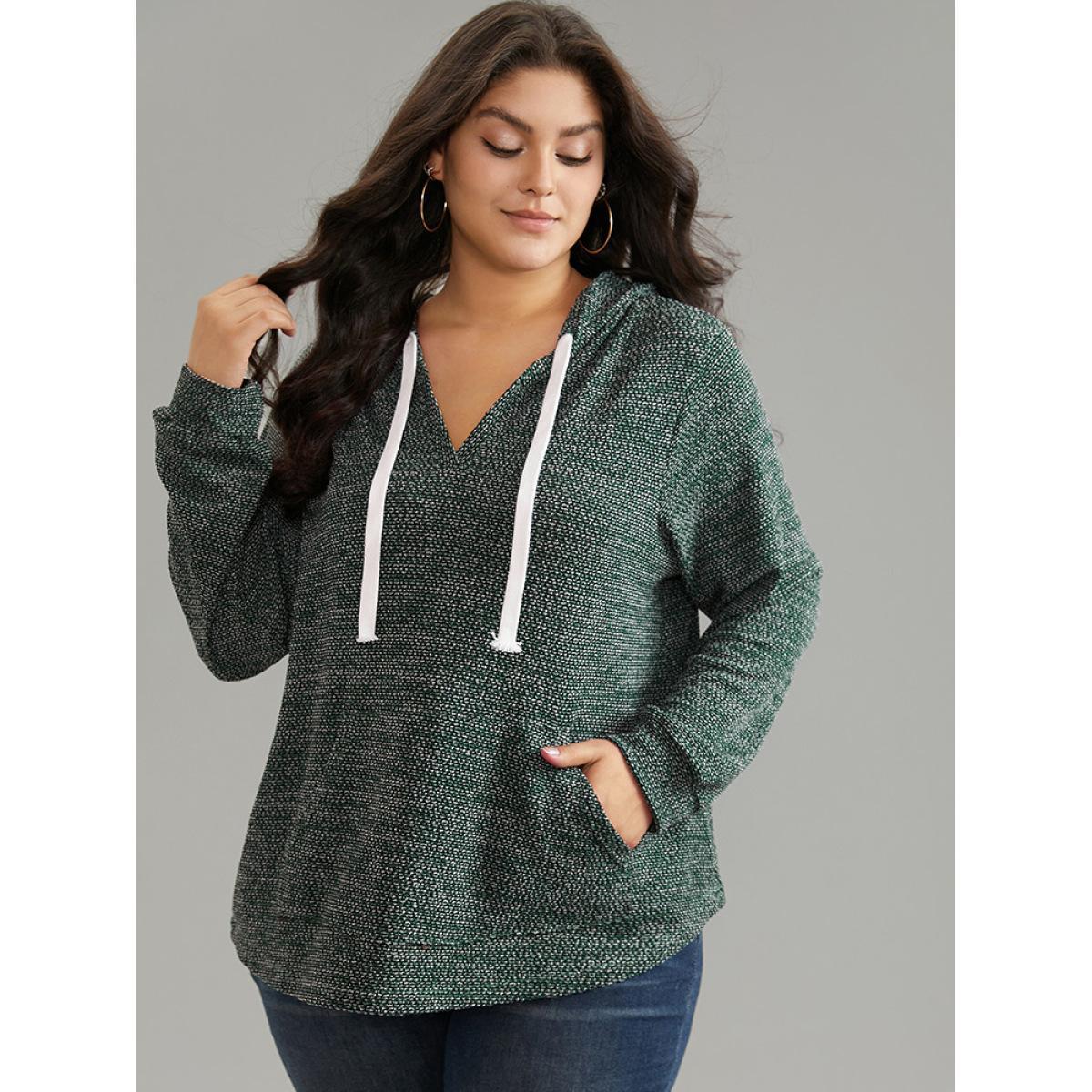 Plus Size Textured Kangaroo Pocket Hooded Sweatshirt Women Green Casual Texture Hooded Everyday Sweatshirts BloomChic 30/6X Product Image
