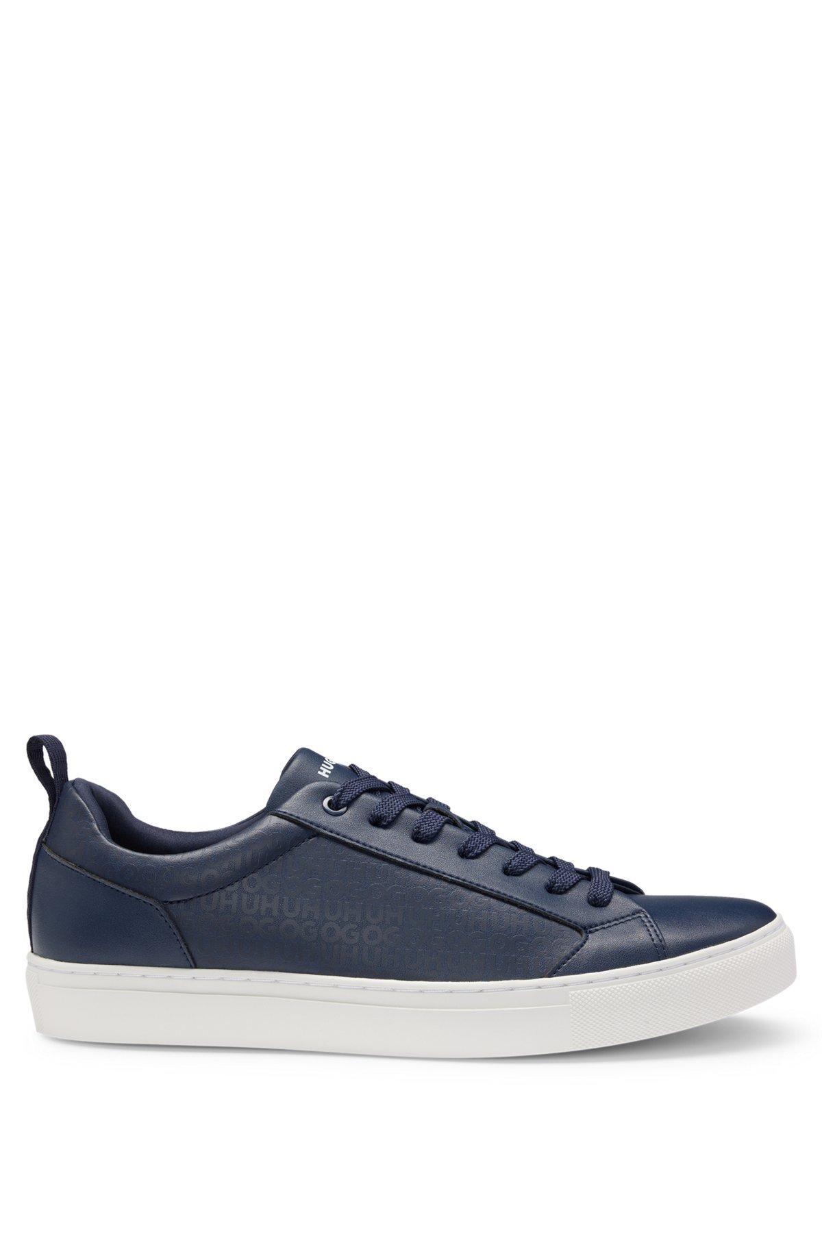 HUGO - Faux-leather trainers with tonal monograms - Dark Blue Product Image