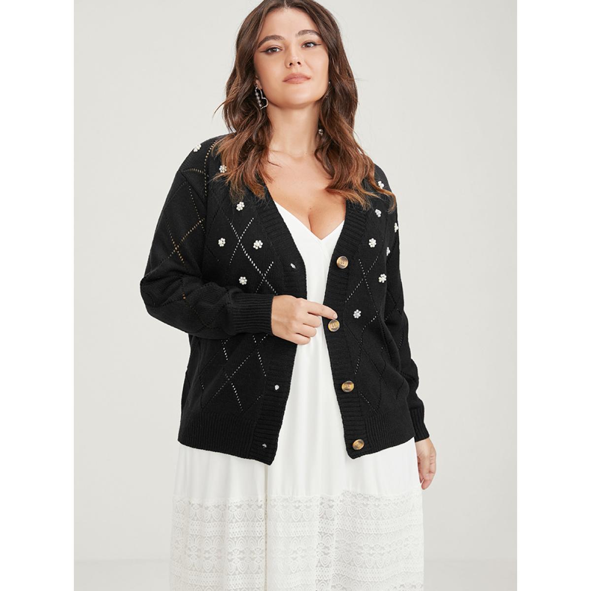 Plus Size Solid Pointelle Knit Pearl Beaded Crochet Button Front Cardigan Black Women Elegant Loose Long Sleeve Dailywear Cardigans BloomChic 28/5X Product Image