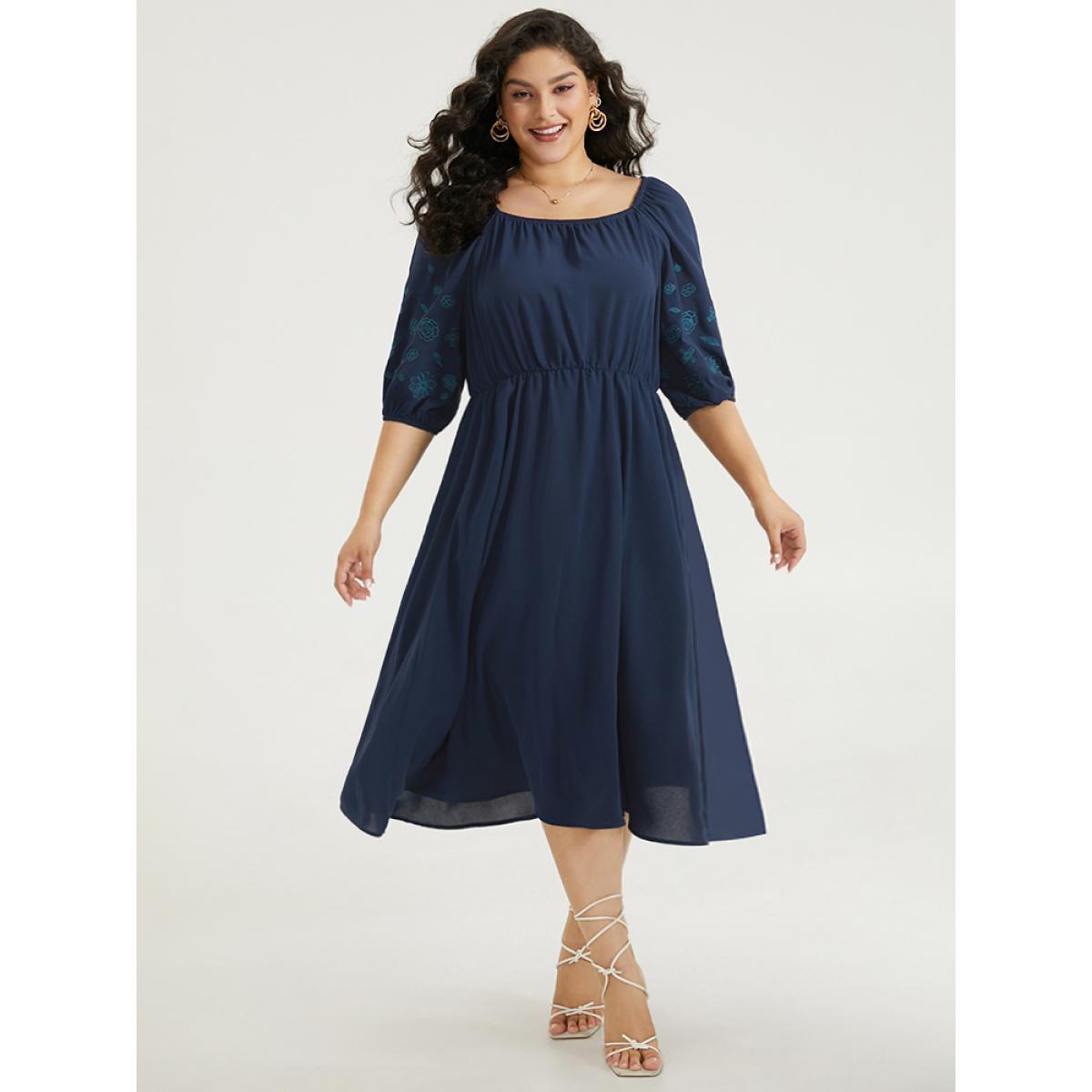 Plus Size Floral Embroidered Pocket Square Neck Lantern Sleeve Dress Indigo Women Elegant Elastic cuffs Square Neck Half Sleeve Curvy Midi Dress BloomChic 22-24/3X Product Image