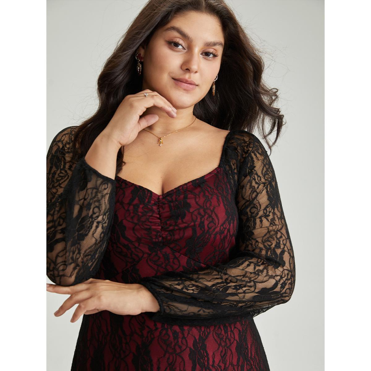 Plus Size Christmas Crochet Lace Mesh Contrast Square Neck Dress Raspberry Women Elegant Elastic cuffs Square Neck Long Sleeve Curvy Midi Dress BloomChic 18-20/2X Product Image