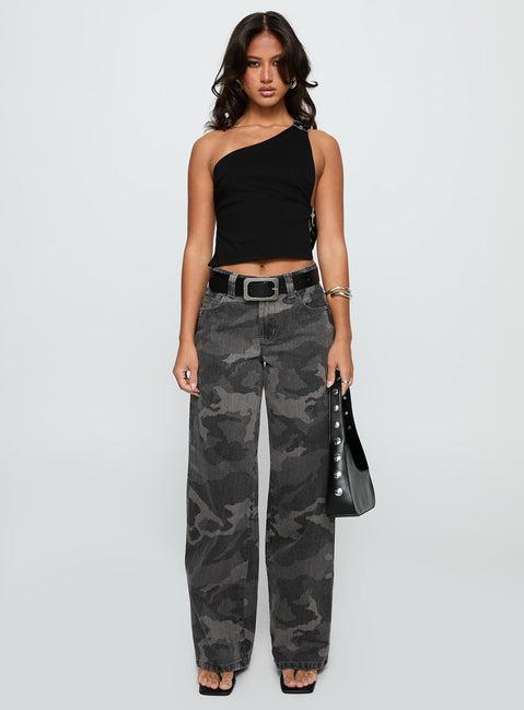 Buckled Down One Shoulder Top Black Product Image