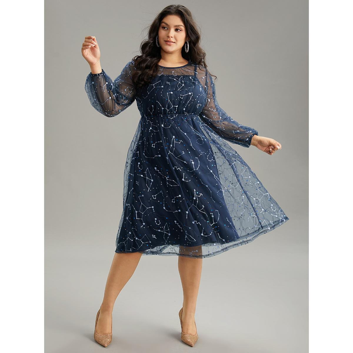 Plus Size Galaxy Sequin Mesh Embroidered Patchwork Dress Indigo Women Glamour Sequin Round Neck Long Sleeve Curvy Midi Dress BloomChic 26/4X Product Image