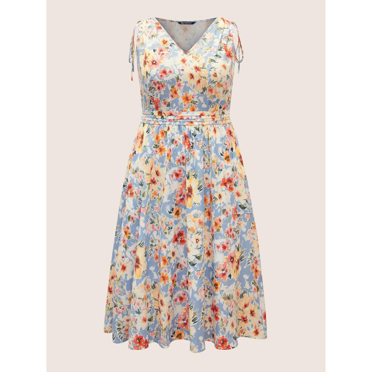Plus Size Floral Pleated Drawstring Sleeveless Midi Dress Ivory Women Elegant Pleated V-neck Sleeveless Curvy BloomChic 26/4X Product Image
