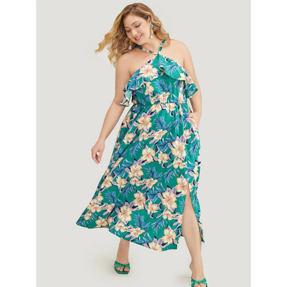 Plus Size Floral Halter Neck Pocket Ruffle Trim Split Hem Dress Green Women Vacation Adjustable Straps Halter neck Sleeveless Curvy Midi Dress BloomChic 14-16/1X Product Image