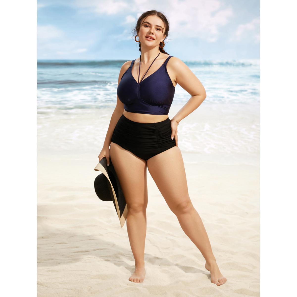 Plus Size Solid V Neck Tie Knot Adjustable Straps Swim Top Women's Swimwear Indigo Beach Tie knot High stretch Skinny V-neck Curve Swim Tops BloomChic 12/L Product Image