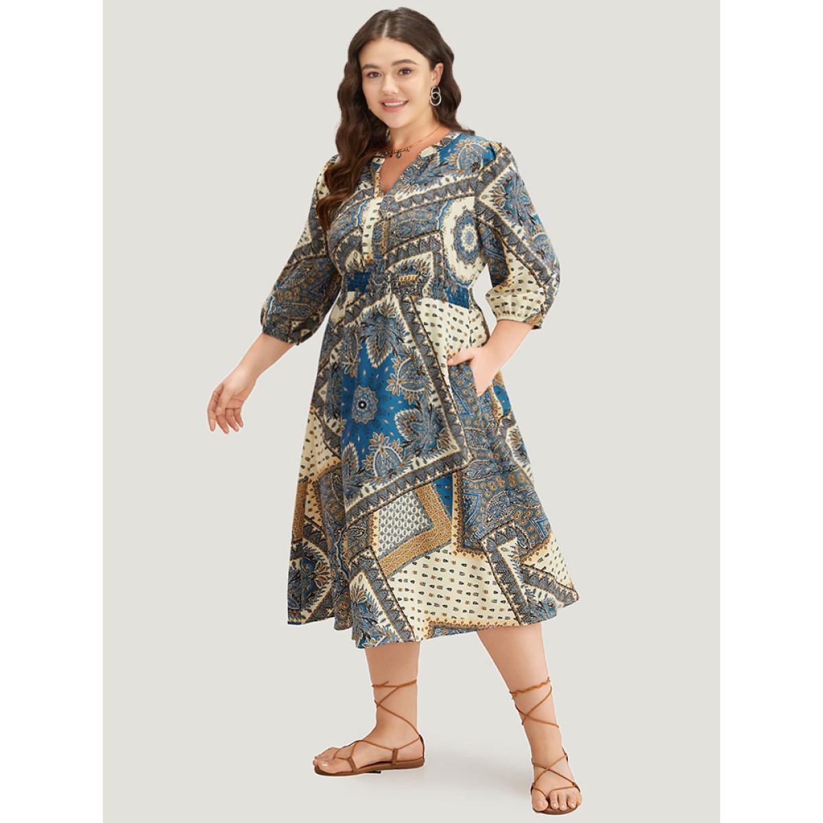 Plus Size Bandana Print Notched Lantern Sleeve Dress Cerulean Women Vacation Elastic cuffs Notched collar Elbow-length sleeve Curvy Midi Dress BloomChic 28/5X Product Image