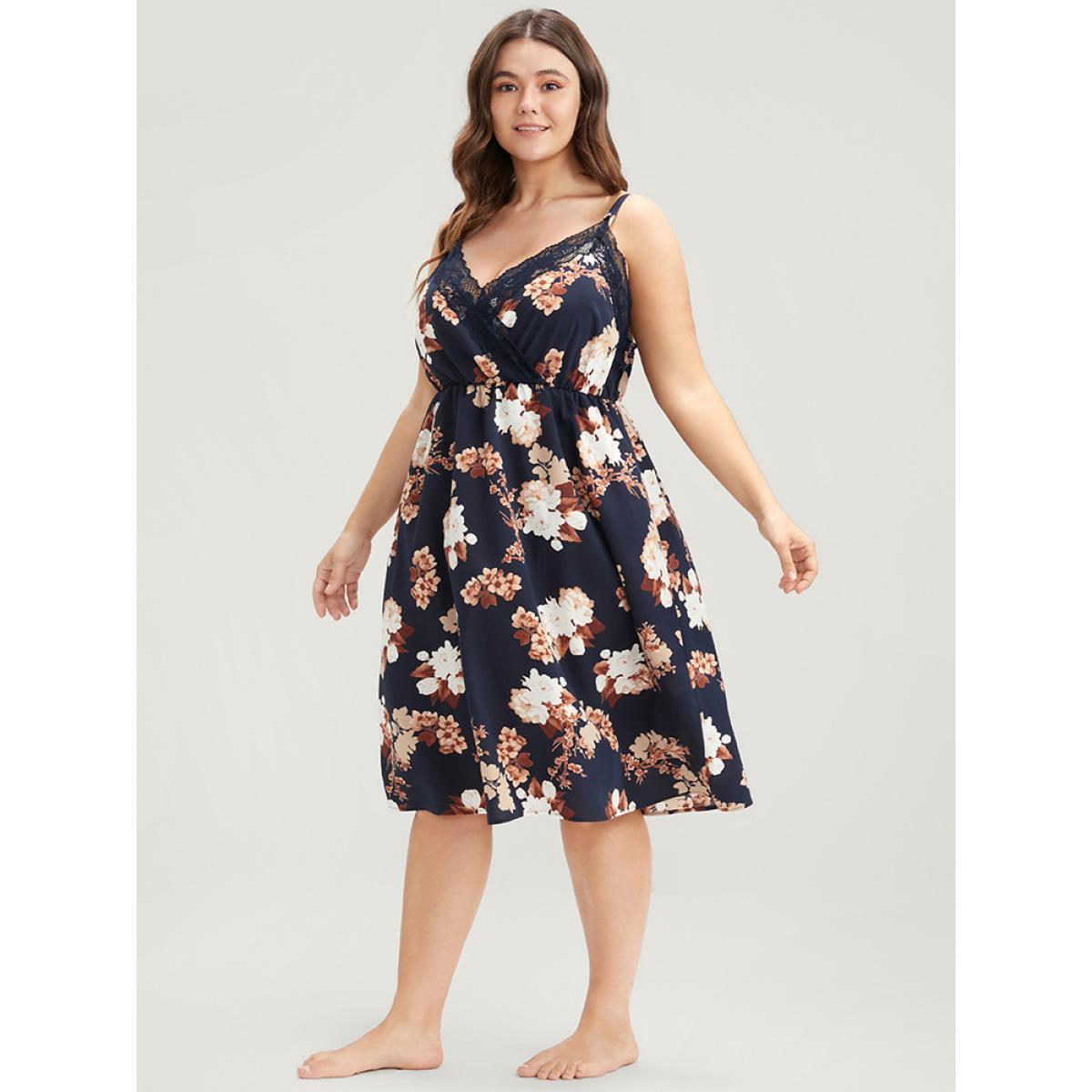 Plus Size Floral Wrap Lace Trim Cami Night Dress Women DarkBlue Elegant Floral Elastic Waist V-neck Loungewear BloomChic 14-16/1X Product Image