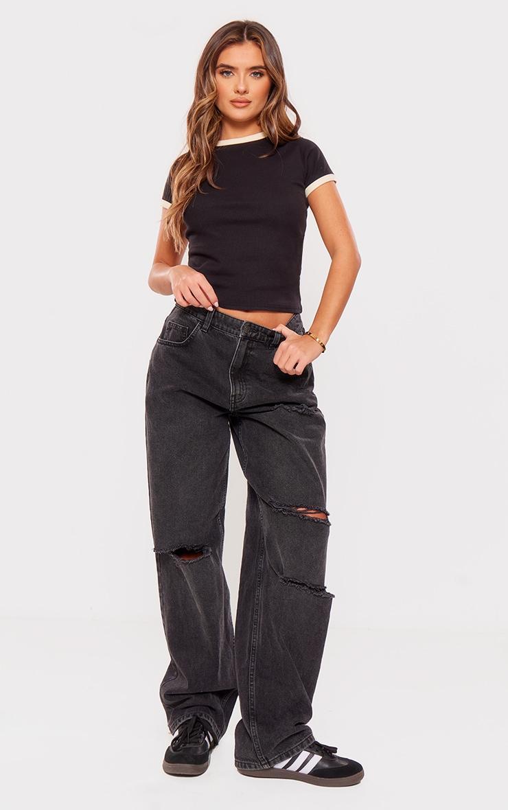 Black Rib Contrast Binding Fitted T Shirt Product Image