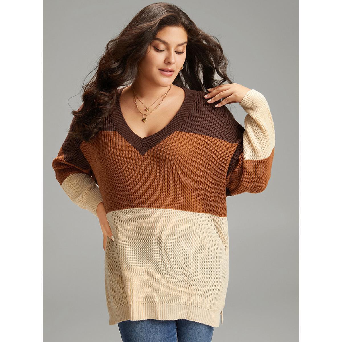 Plus Size Colorblock Patchwork Split Side Drop Shoulder Pullover Multicolor Women Casual Loose Long Sleeve V-neck Dailywear Pullovers BloomChic 18-20/2X Product Image