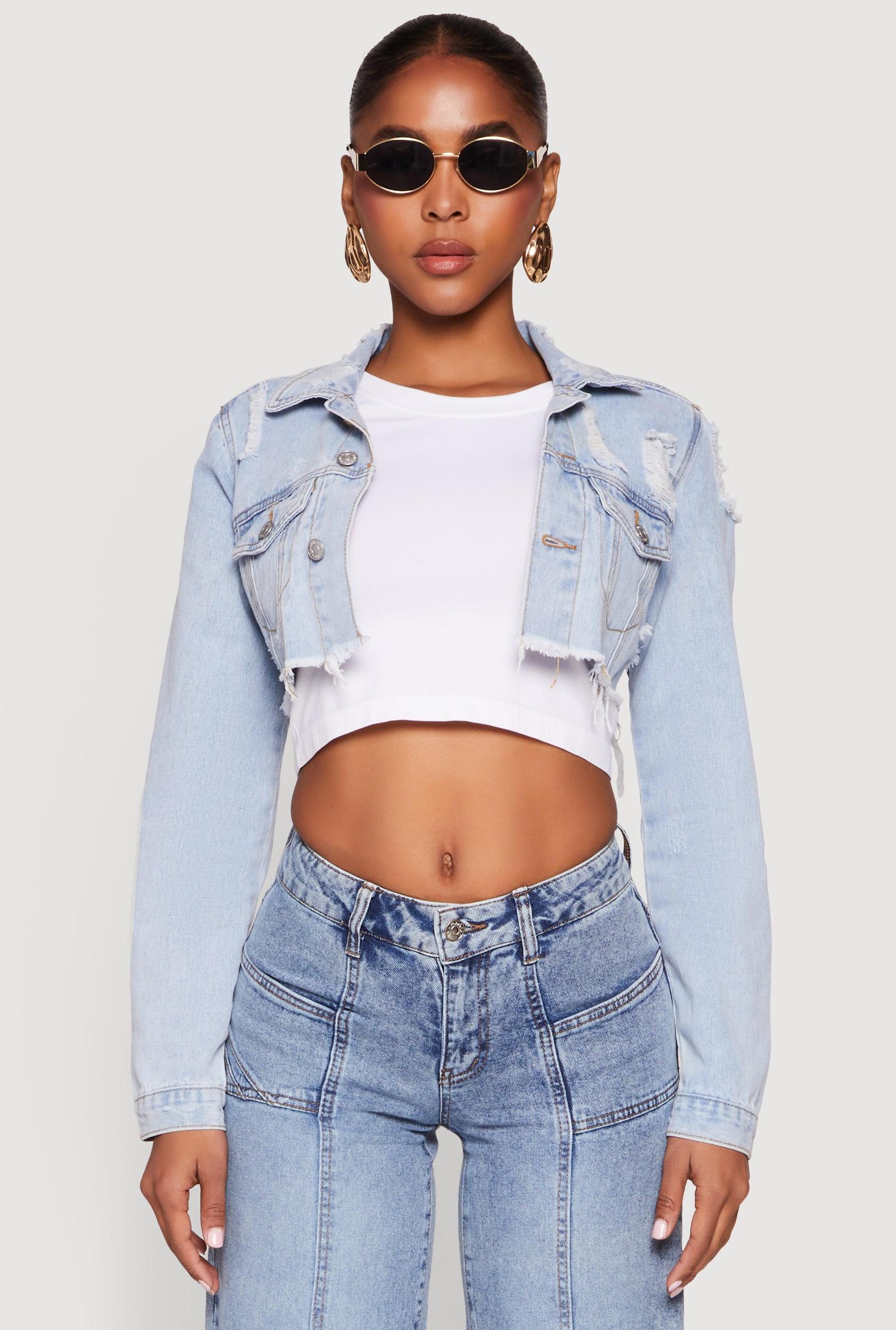 Womens Distressed Cropped Jean Jacket Product Image