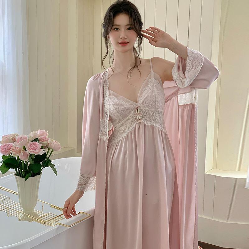 Pajama Set: Plain Lace Trim Robe + Spaghetti Strap Night Dress Product Image