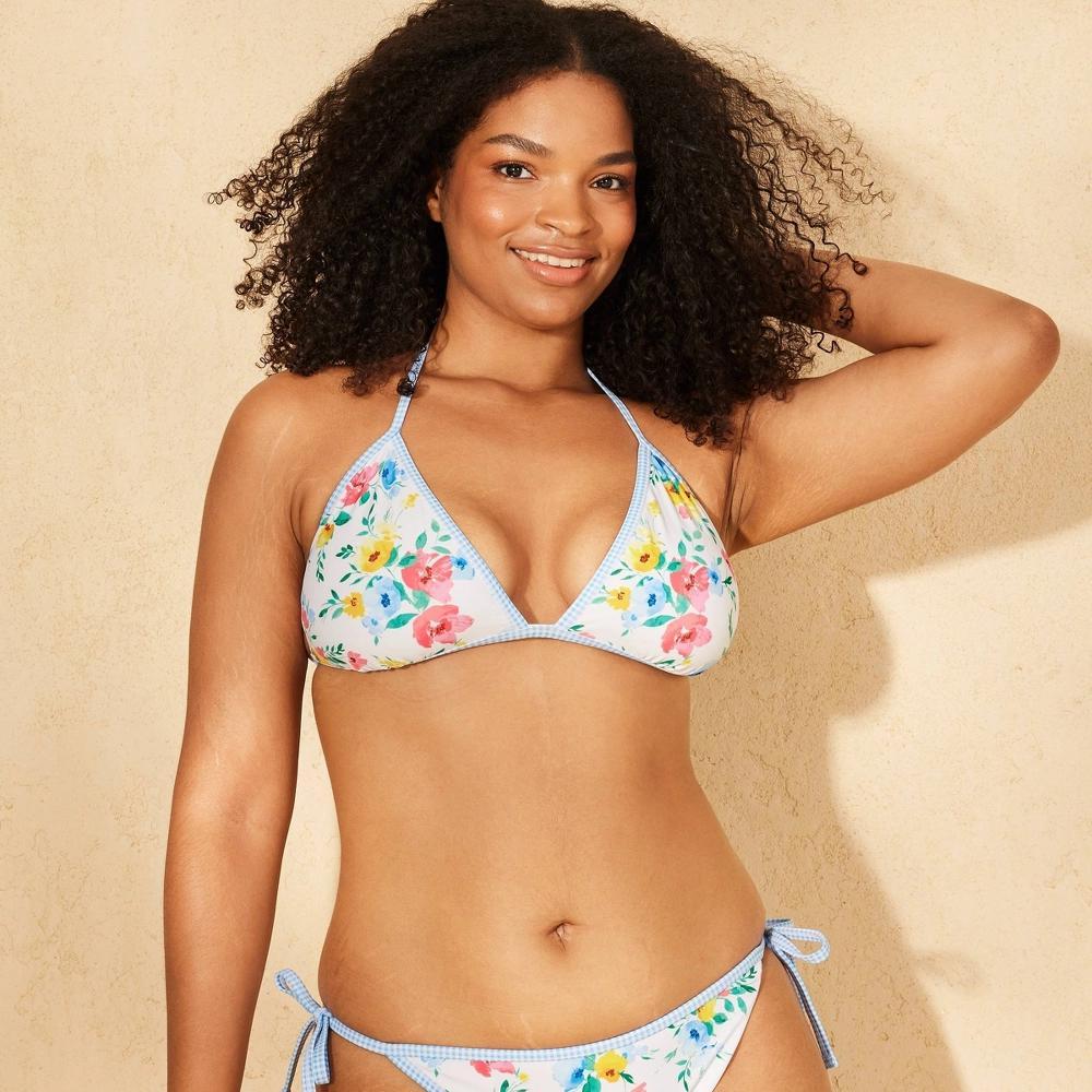 Womens Contrast Binding Fixed Triangle Bikini Top - Wild Fable Blue Floral Print XL: Recycled Polyester Lining, Adjustable Straps Product Image