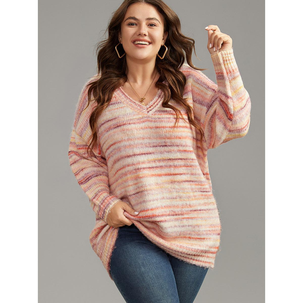 Plus Size Ombre Heather Drop Shoulder Pullover Multicolor Women Casual Loose Long Sleeve V-neck Everyday Pullovers BloomChic 26/4X Product Image