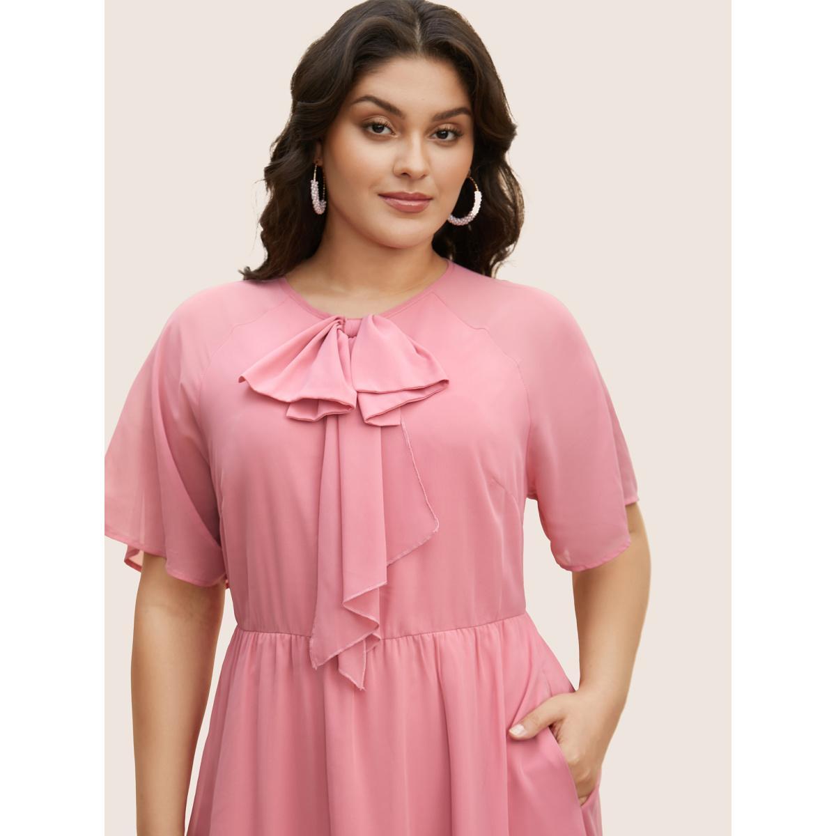 Plus Size Bowknot Detail Chiffon Patchwork Midi Dress Watermelon Women Elegant Round Neck Short sleeve Curvy BloomChic 28/5X Product Image