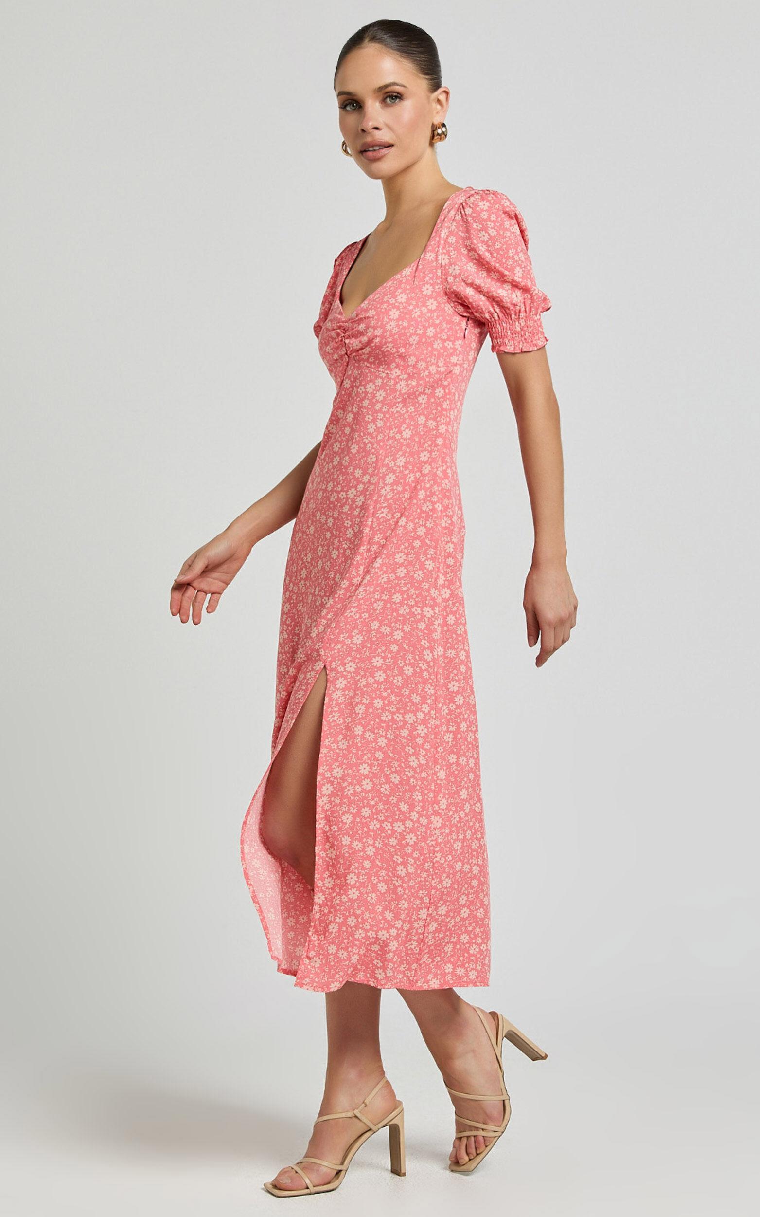 Marcel Midi Dress - Sweetheart Puff Sleeve Thigh Split Dress in Coral Product Image