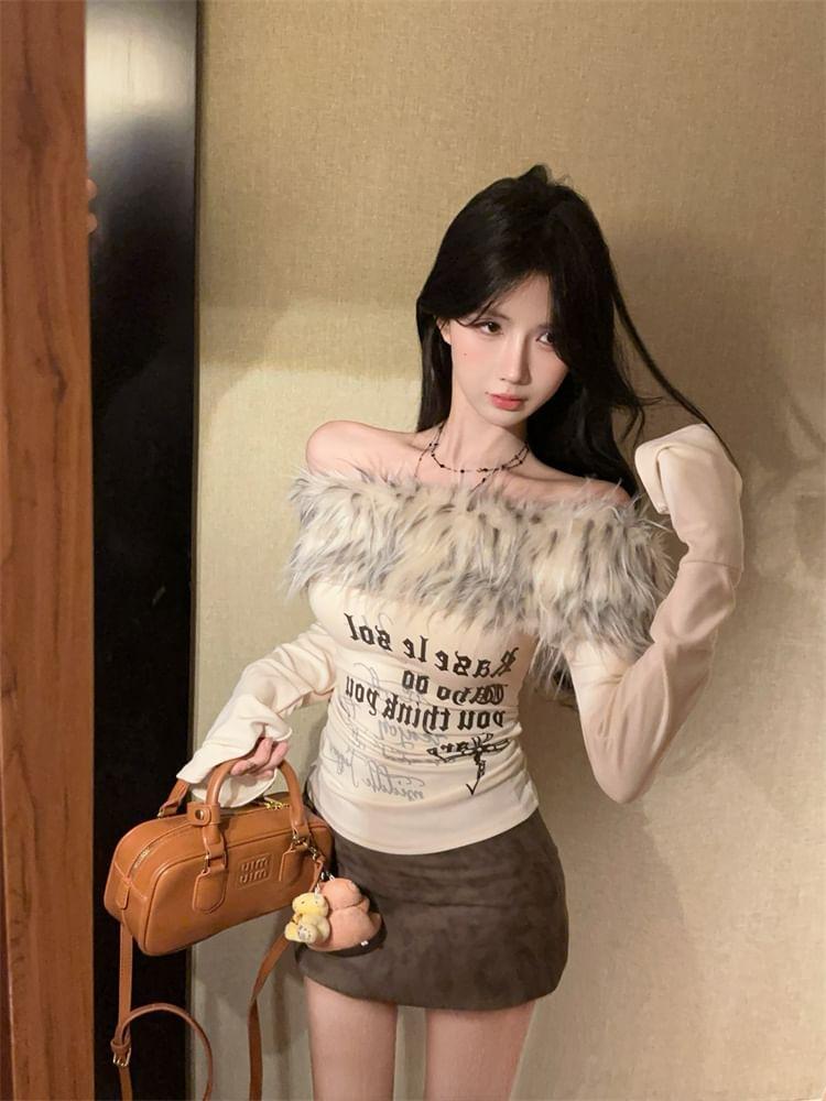 Long-Sleeve Furry Trim Lettering Top Product Image