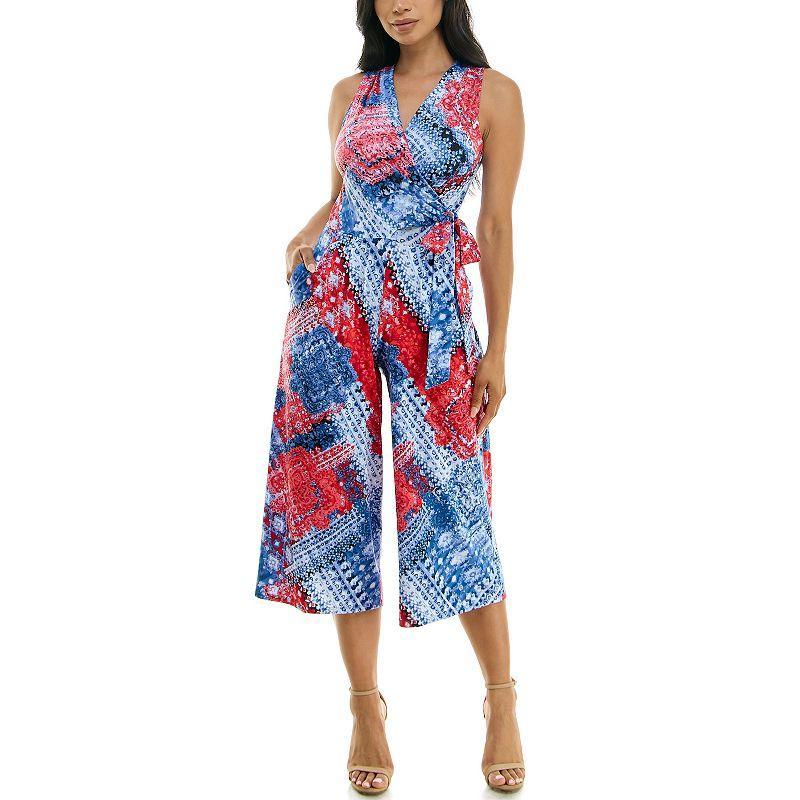 Women's Nina Leonard Print Surplice Wide-Leg Jumpsuit, Size: Large, Red Blue Team Product Image
