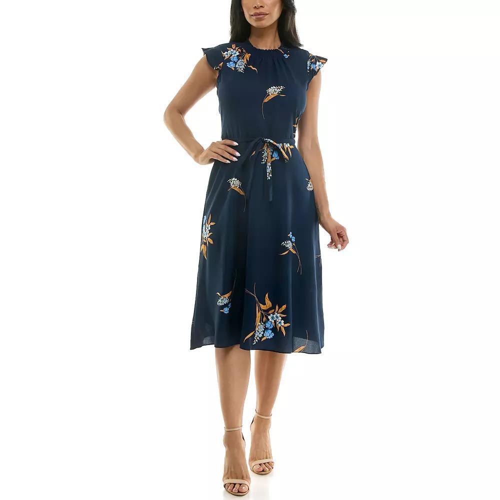Womens Nina Leonard Smocked Flutter Sleeve Print Dress Blue Team Product Image