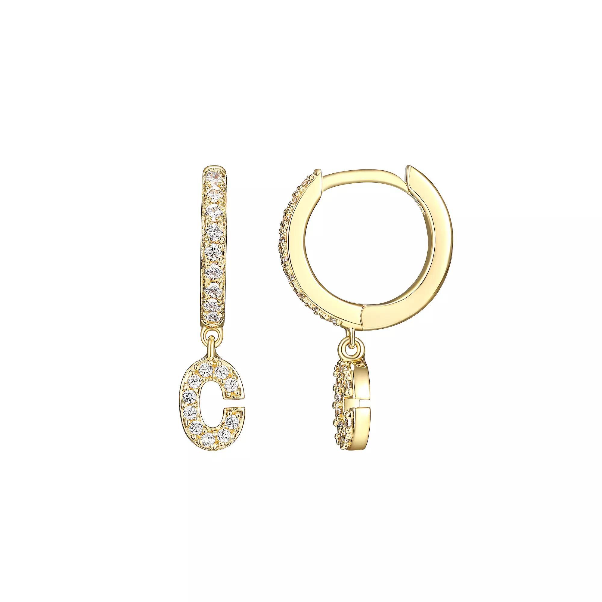18k Gold Over Silver Cubic Zirconia Initial Hoop Earrings, Womens Product Image