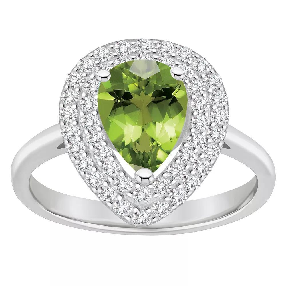 Celebration Gems Sterling Silver Teardrop Peridot & White Topaz Double Halo Ring, Women's, Size: 9 Product Image