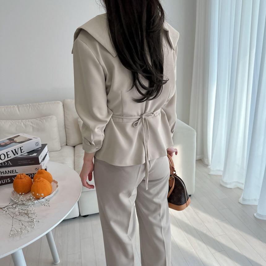 Long Sleeve Collared Plain Ruched Wrap Blouse Product Image