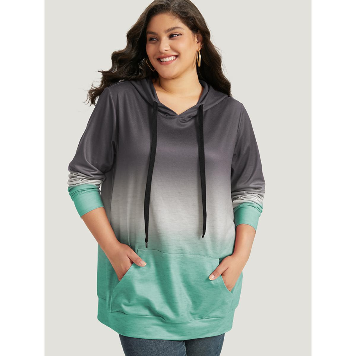 Plus Size Ombre Pocket Drawstring Hooded Sweatshirt Women Gray Casual Elastic cuffs Hooded Everyday Sweatshirts BloomChic 10/M Product Image