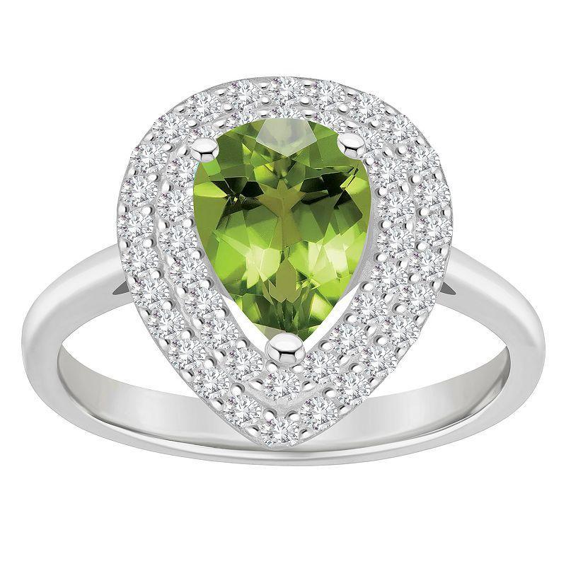 Celebration Gems Sterling Silver Teardrop Peridot & White Topaz Double Halo Ring, Women's, Size: 9 Product Image