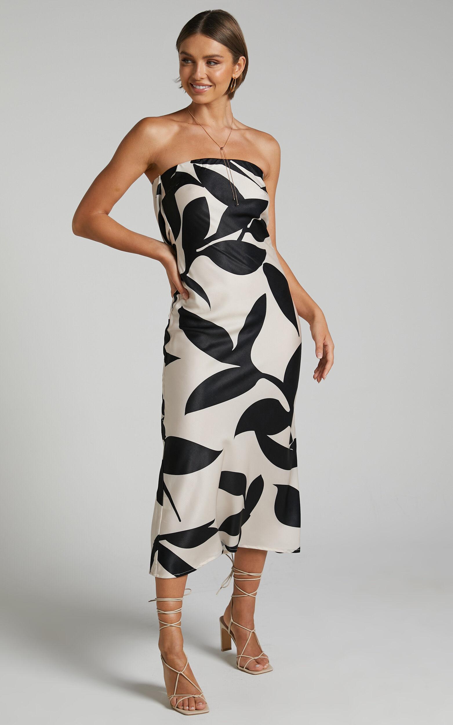 Madelyn Midi Dress - Strapless Palm Print Satin Dress in Cream and Black Shadow Print Product Image