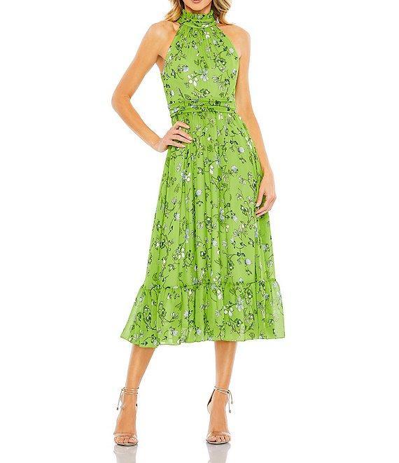 Mac Duggal Floral Print Pleated Halter Neck Sleeveless A-Line Dress Product Image