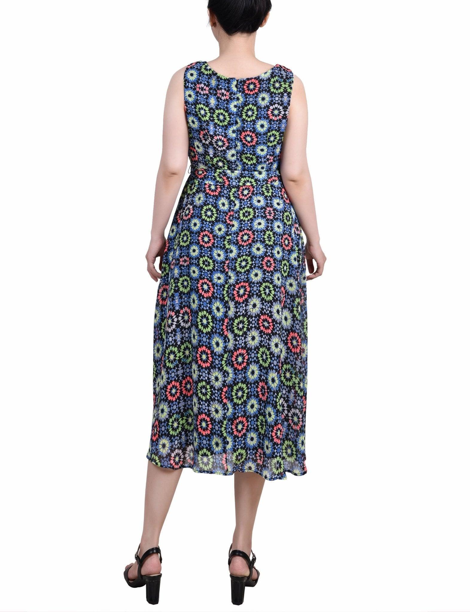 Geo Hippe Peasant Sleeveless Chiffon Belted Dress - Petite Product Image