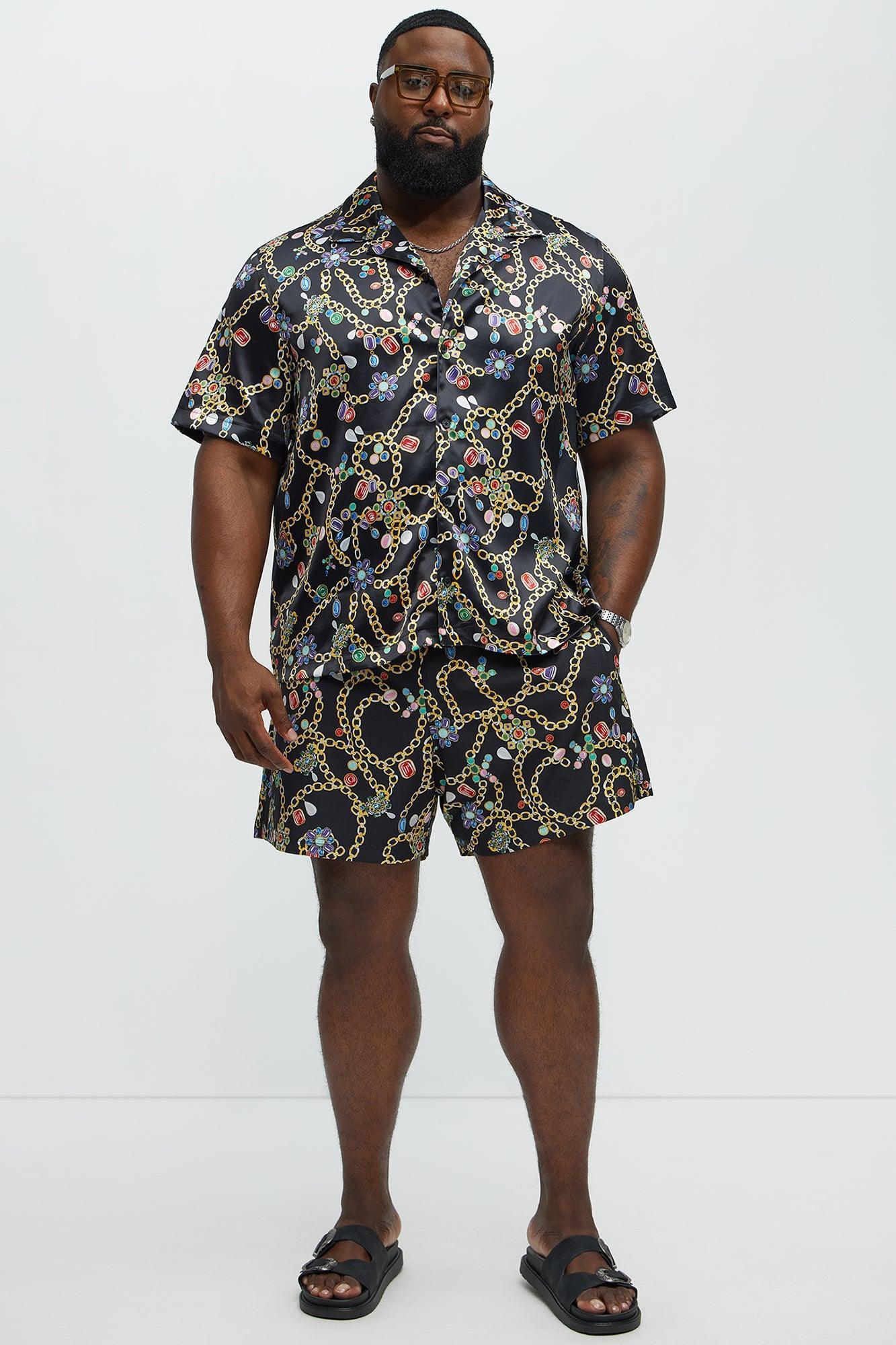 Tidal Jewel Printed Cuban Collar Button Up Shirt - Black/combo Product Image
