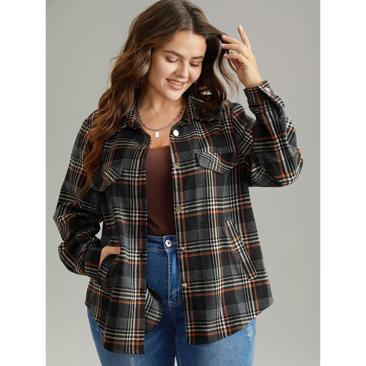 Plus Size Plaid Button Fly Flap Pocket Shacket Women Black Contrast Pocket Dailywear Jackets BloomChic 12/L Product Image