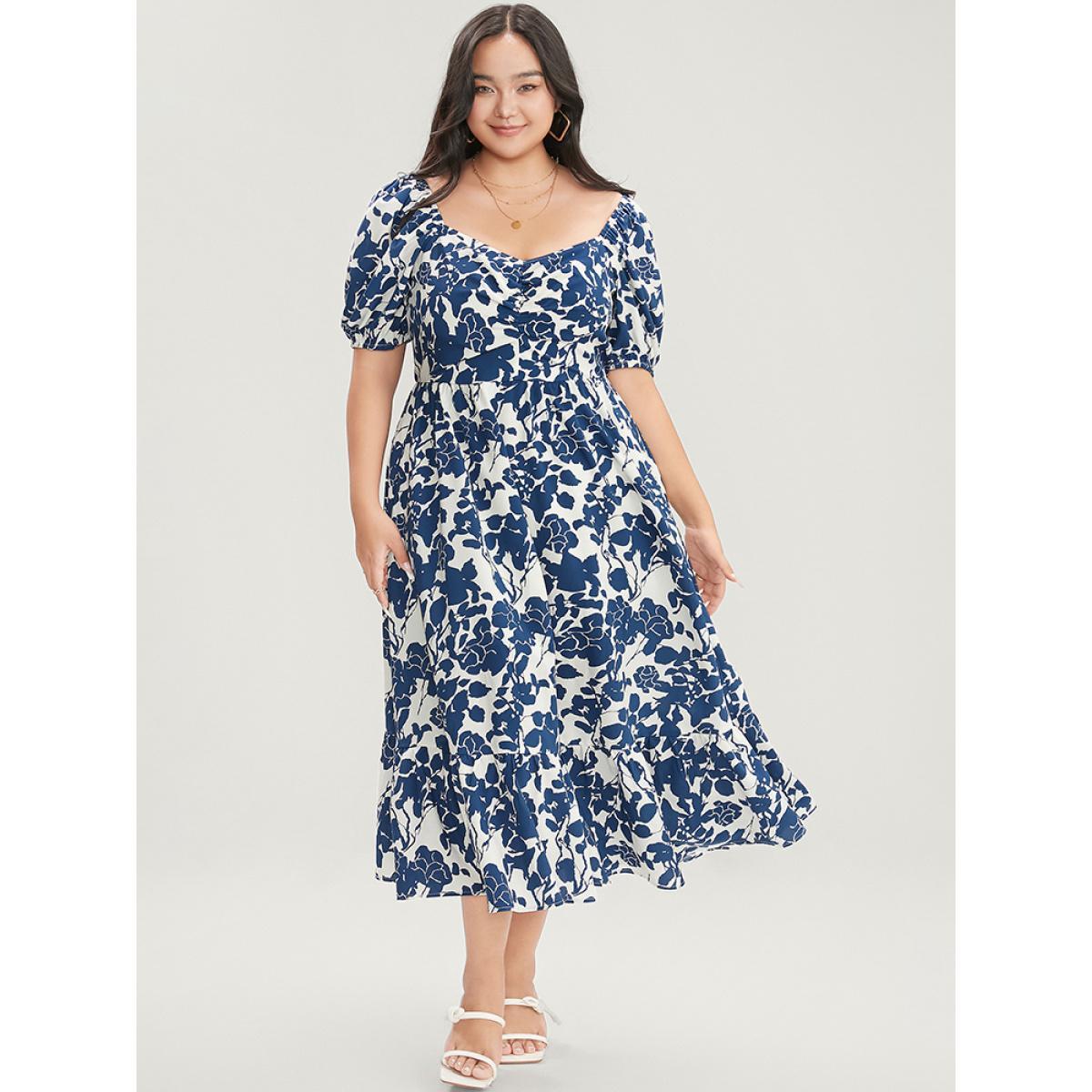 Plus Size Floral Print Pocket Puff Sleeve Ruched Pocket Ruffle Hem Dress DarkBlue Women Elegant Pocket V-neck Short sleeve Curvy Midi Dress BloomChic 10/M Product Image