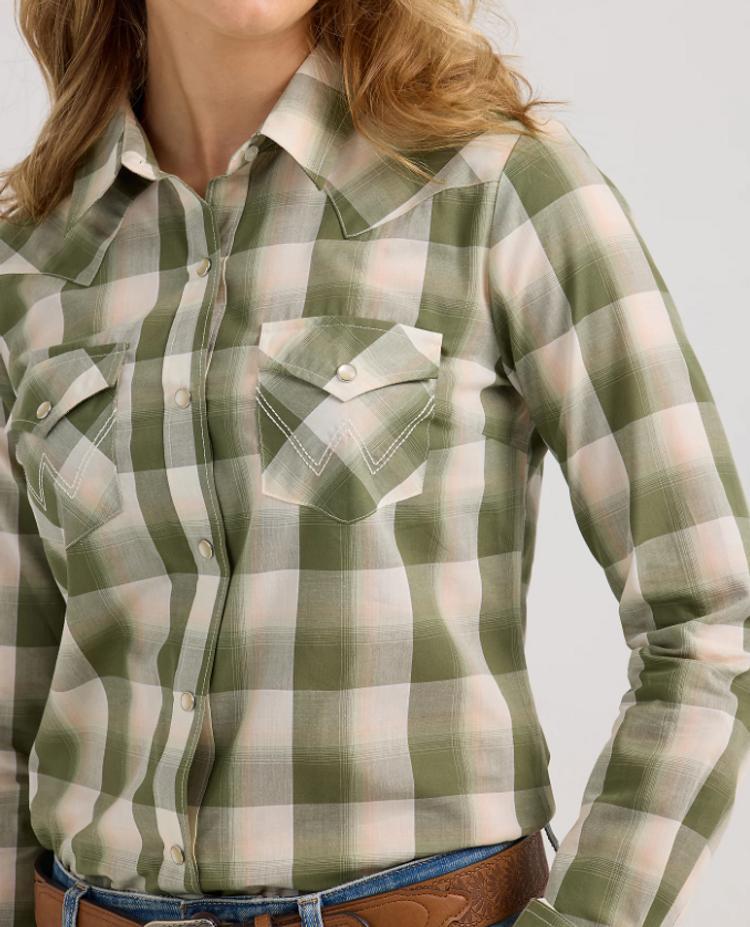 Wrangler® Ladies' L/S Olive Green Plaid Essential Snap Shirt Product Image