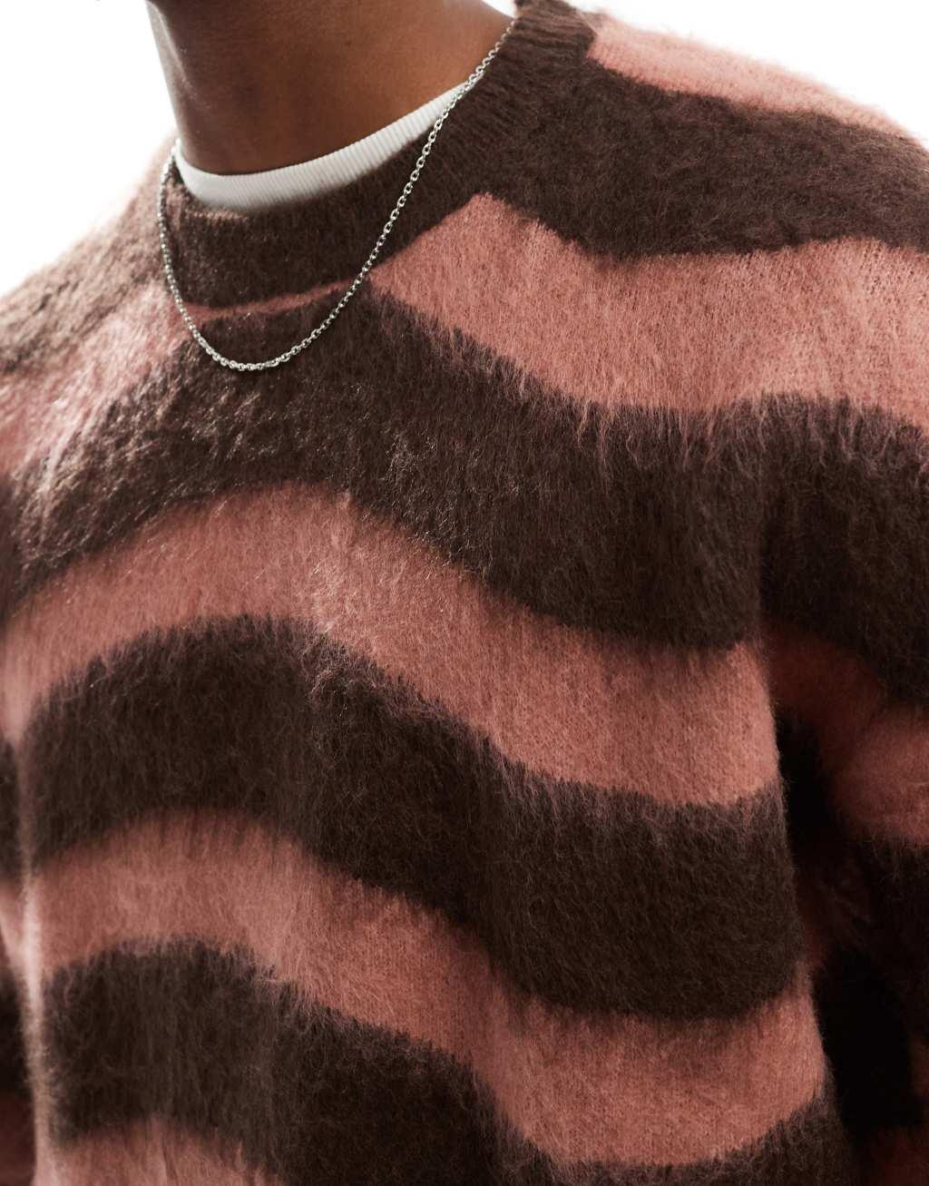 Bershka soft knitted stripe sweater in brown Product Image