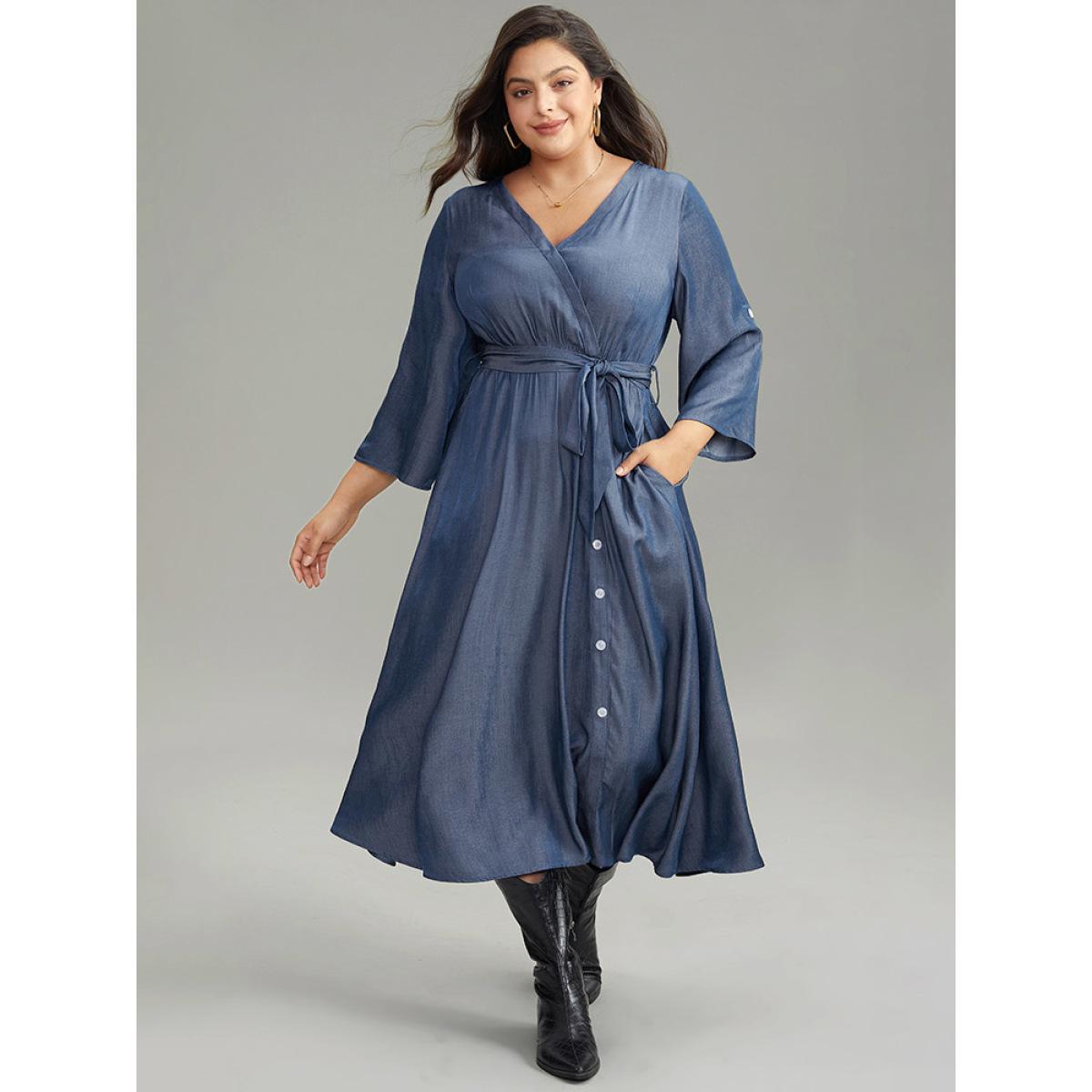 Plus Size Plain Button Detail Wrap Belted Tab Sleeve Dress Indigo Women Casual Plain V-neck Long Sleeve Curvy Midi Dress BloomChic 14-16/1X Product Image