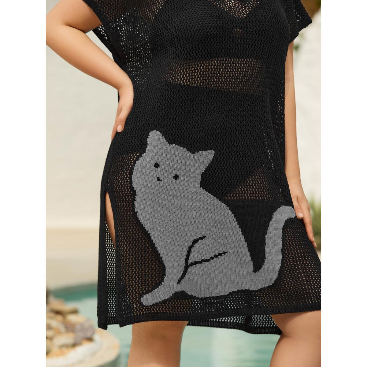 Plus Size Cut-Out Sheer Cat Pattern Swim Cover-Up Women's Swimwear Black Beach Loose Contrast Curve Swim Cover Ups BloomChic 10/M Product Image