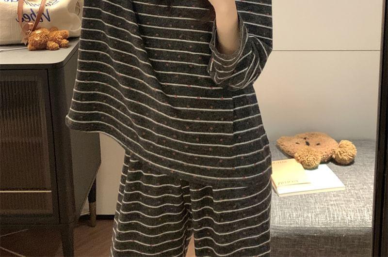 Pajama Set: Long Sleeve Round Neck Striped T-Shirt + Straight Leg Pants Product Image