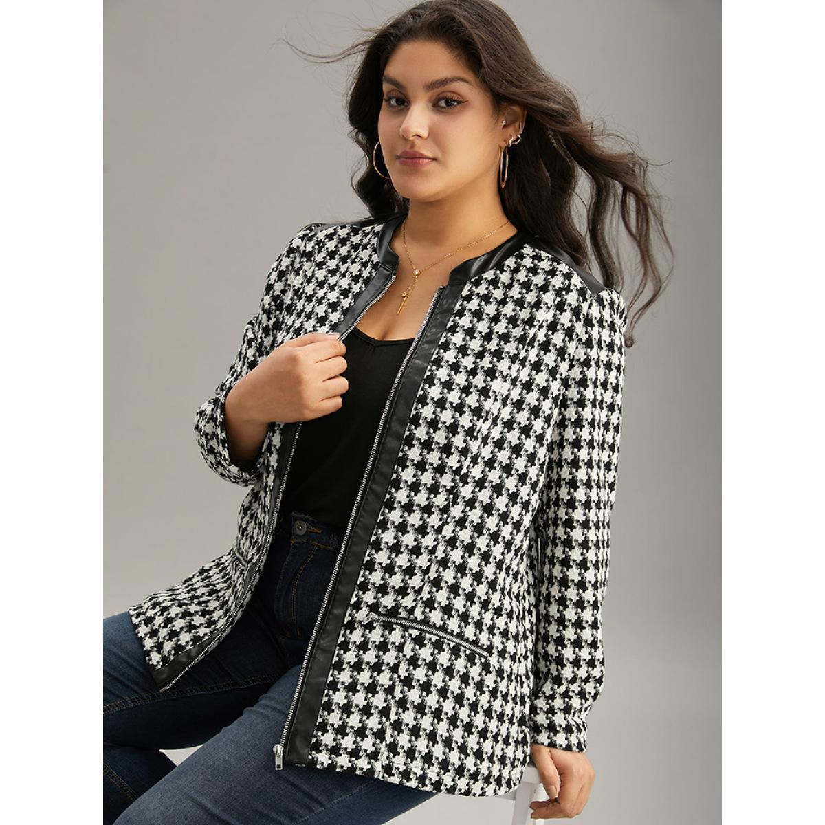 Plus Size Houndstooth PU Leather Patchwork Tweed Zipper Blazer Black Women Dailywear Houndstooth Contrast Sleeve Long Sleeve Open Front 14-16/1X Pocket Casual Blazers BloomChic Product Image