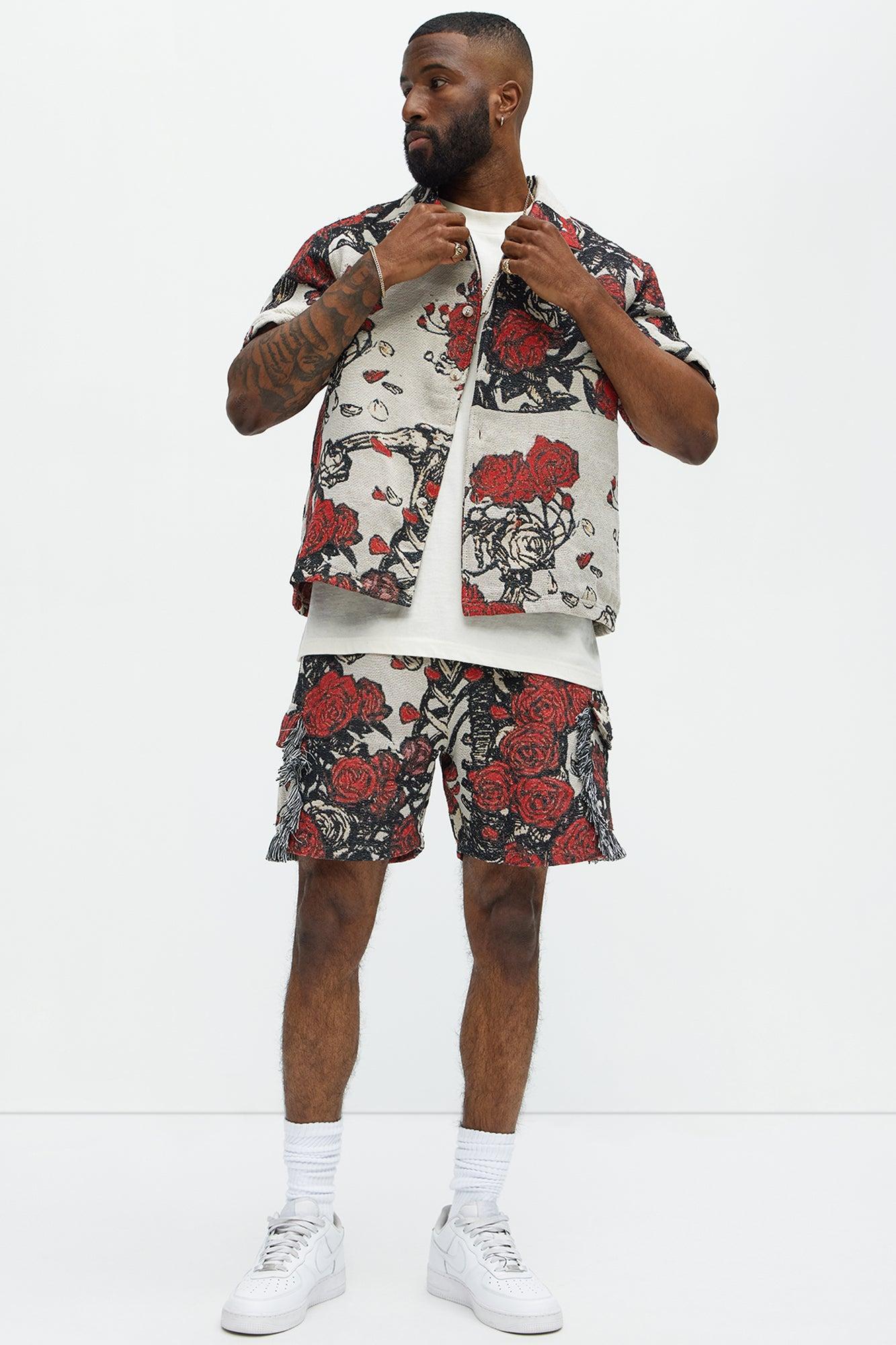 Petals Tapestry Short Sleeve Button Up Shirt - Red/combo Product Image